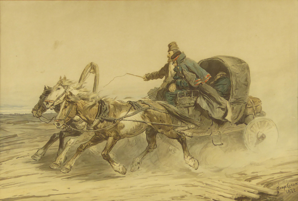 Chromolithografie, 68 x 55,5 cm, voorstellende een troika in volle vaart, kar met twee wielen getrokken door drie paarden, in de kleuren wit, bruin en zwart, voerman met zweep en twee Russische passagiers, een op de bok en een in de huif, boven paard in boog hangt nog duidelijk zichtbaar een koetsiersklok, linksonder gesigneerd in Russische belettering Pjotr Petrovich Sokolov 1872.
De beide stukken zijn begin 1900 uit Sint-Petersburg meegenomen door Dirk Everhard Everts, een van de directeuren van Houthandel J.M. Meihuizen en Z. in Wildervank. Die ging in die tijd kapbalken in Rusland kopen voor de houtzagerij in Wildervank. Op enig moment bezat Meihuizen grote stukken bos, maar die zijn in 1917 natuurlijk ingepikt door de Russische staat.